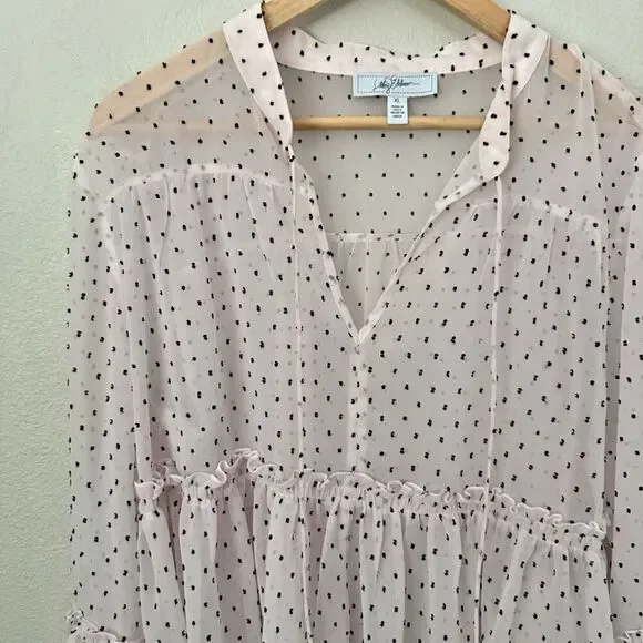 LIBBY EDELMAN | Sheer Ruffle Sleeve Blouse Polka Dot Blush Pink Black | Size XL - Picture 3 of 6